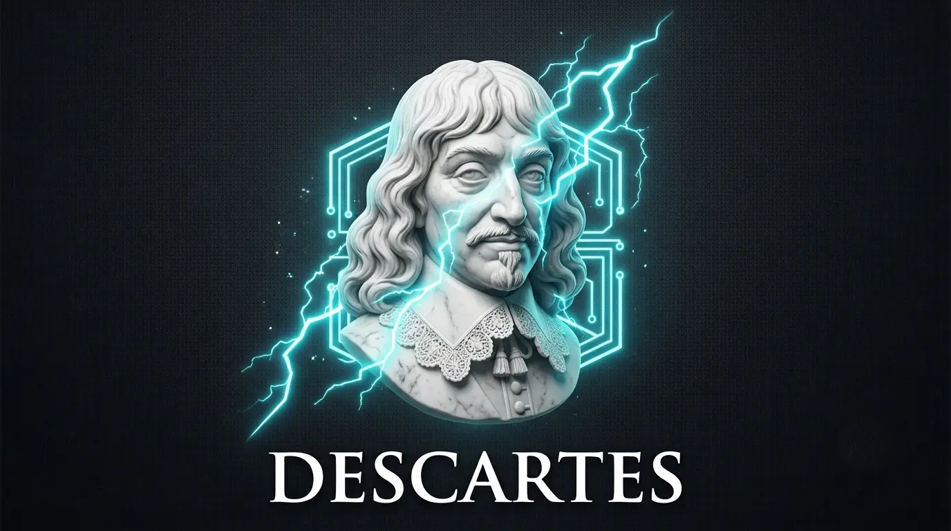 Busto de mármol de René Descartes con líneas de neón cian en su cabeza sobre fondo oscuro