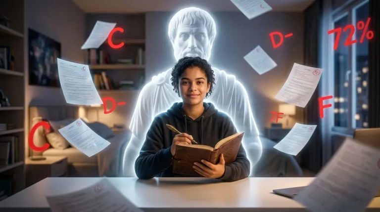 estudiante en su mesa de estudio, pero protegido por un aura de tranquilidad clásica frente al caos de los exámenes y las notas flotantes
