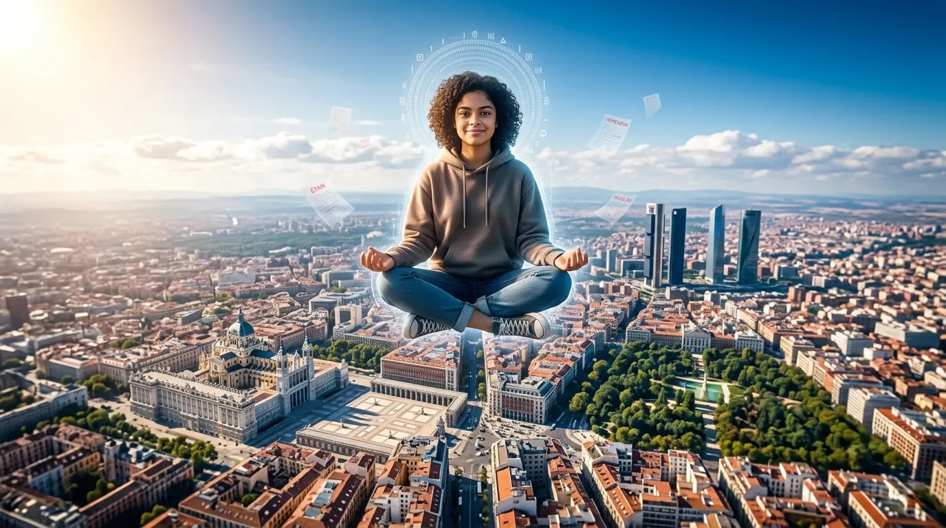 ilustra la técnica de "alejar el zoom" mental para relativizar los problemas del instituto, mostrando al alumno flotando sobre la ciudad de Madrid.