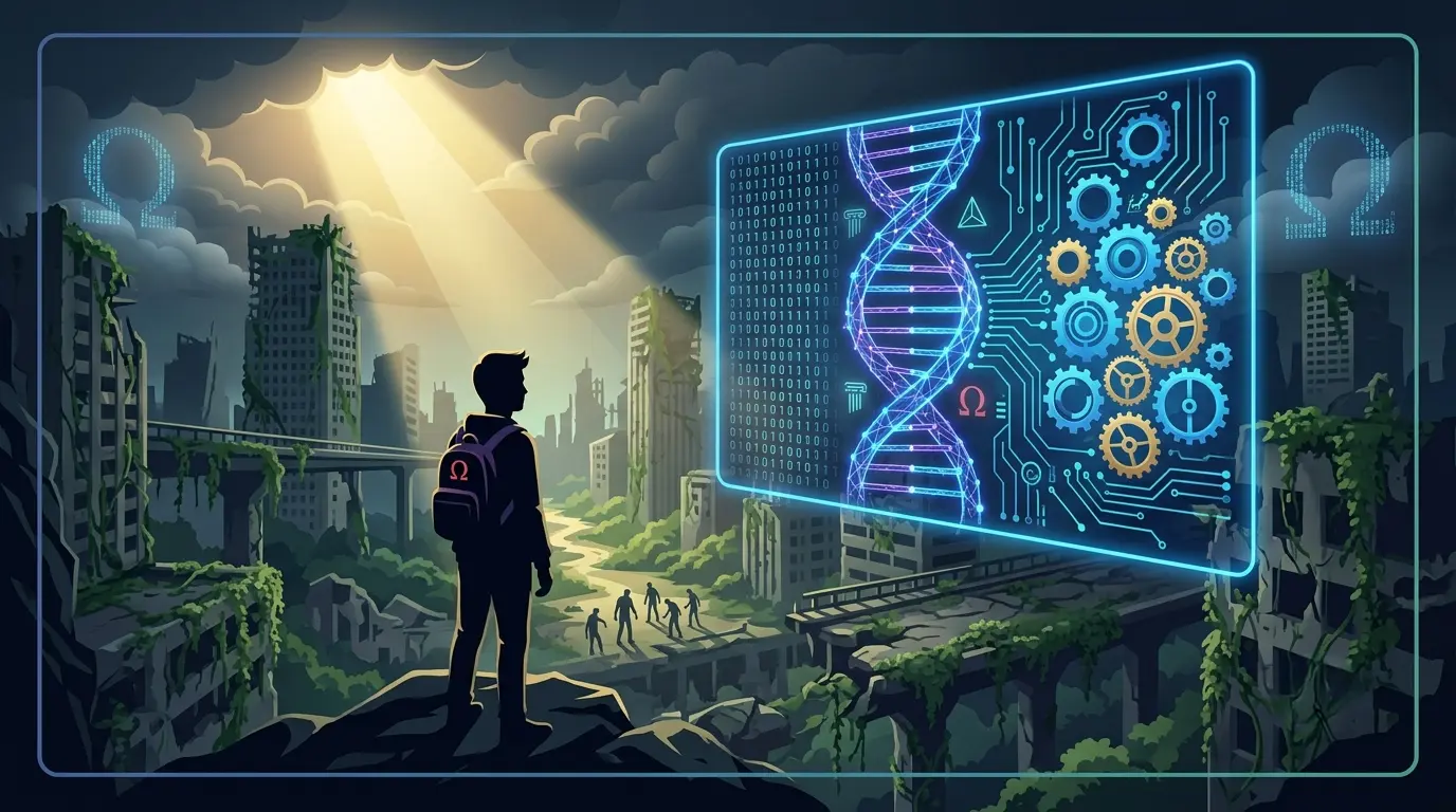 Silueta de adolescente frente a ciudad postapocaliptica representando la antropologia y la evolucion cultural