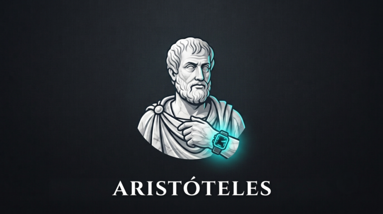 Busto de mármol de Aristóteles con un reloj digital de neón sobre fondo oscuro