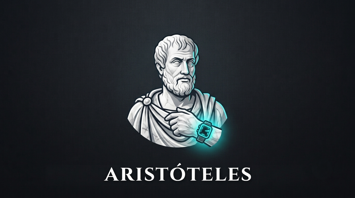 Busto de mármol de Aristóteles con un reloj digital de neón sobre fondo oscuro