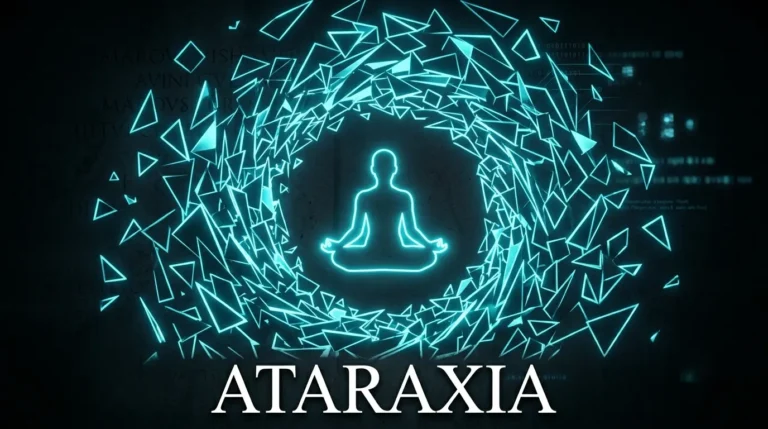 Silueta brillante en calma en mitad de un torbellino, con la palabra ATARAXIA escrita abajo, representando la paz mental estoica