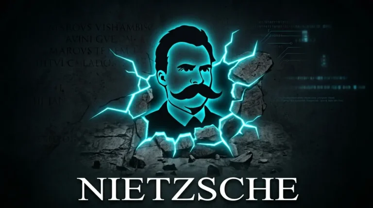 Silueta con el icónico bigote de Nietzsche rompiendo un muro, con la palabra NIETZSCHE escrita abajo