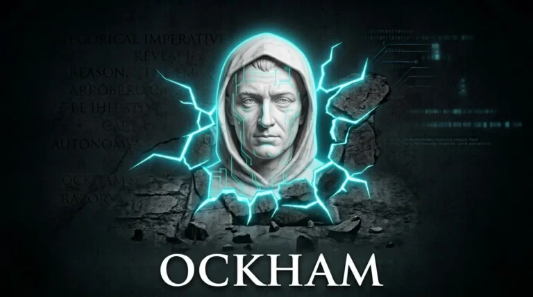 Busto de mármol de un monje medieval con capucha y líneas de neón, sobre fondo oscuro con la palabra OCKHAM escrita abajo