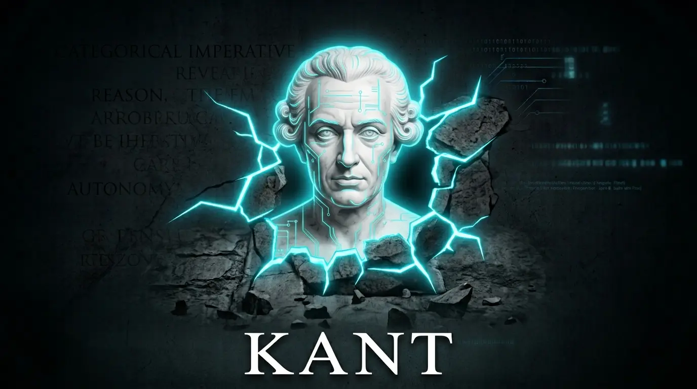 Busto de mármol de Immanuel Kant con peluca ilustrada y líneas de neón, sobre fondo oscuro con su nombre escrito abajo