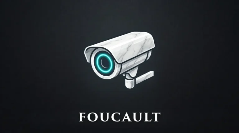 Cámara de vigilancia de mármol con lente de neón cian, representando el panóptico de Foucault