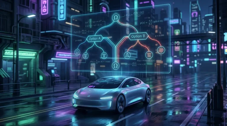 Coche autonomo con interfaz holografica representando el dilema del tranvia e inteligencia artificial
