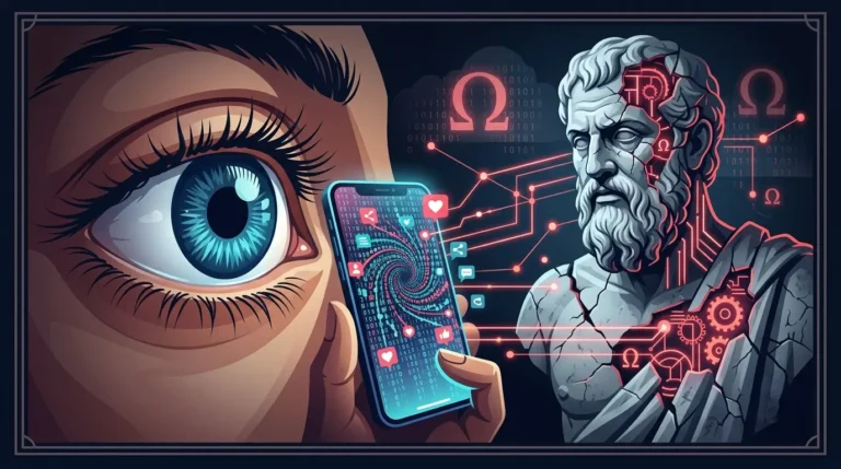 Un ojo humano mirando de cerca una pantalla digital con datos flotando, representando el empirismo y la experiencia en la filosofia de Hume