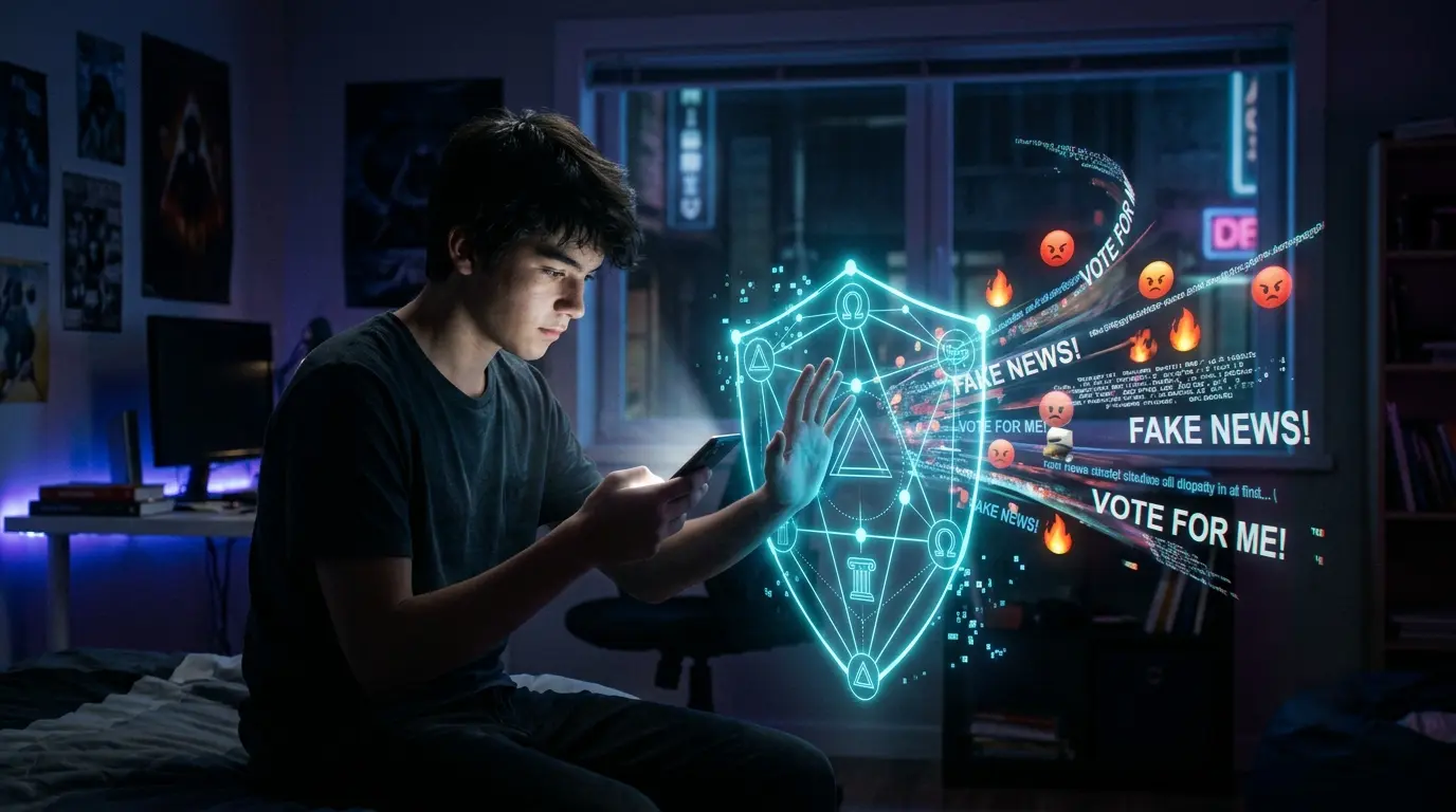 Estudiante de filosofía 4 eso usando un escudo digital contra falacias y desinformación