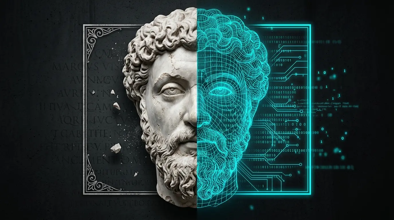 Busto de Marco Aurelio fusionado con lineas de datos modernos, representando el estoicismo en la vida cotidiana