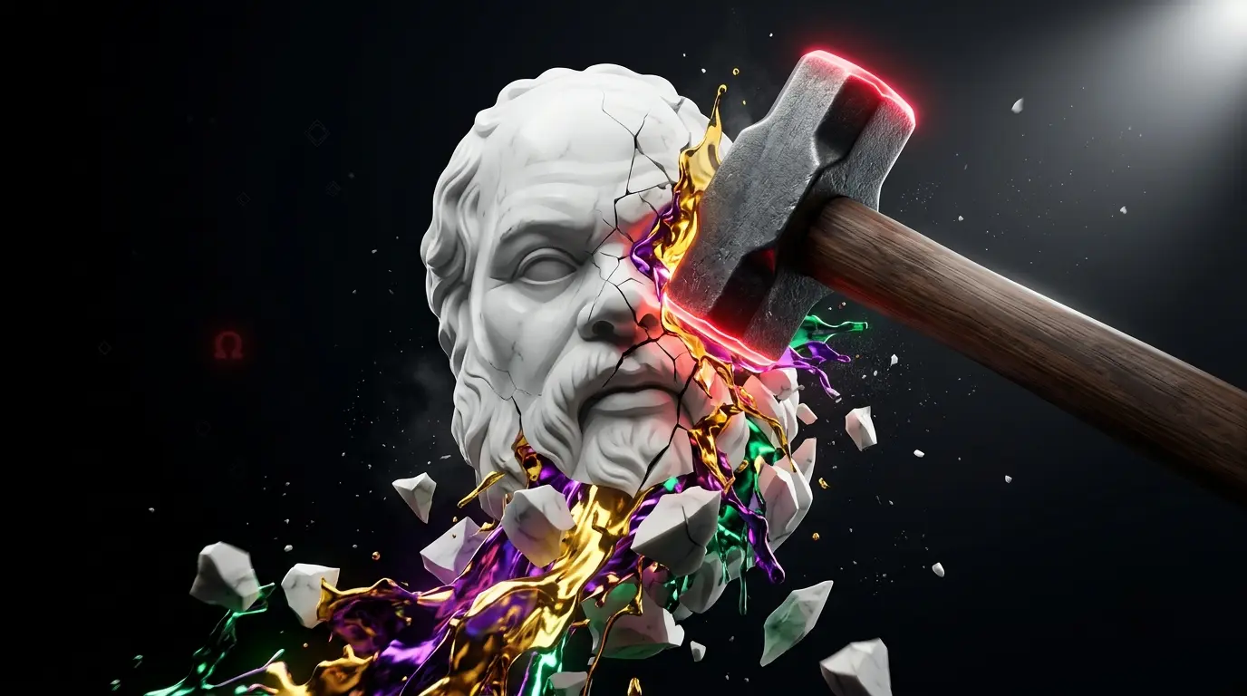 Un martillo rompiendo una mascara clasica griega, simbolizando la filosofia a martillazos de Friedrich Nietzsche