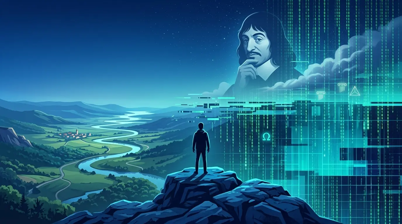 Paisaje real pixelándose en código digital representando la hipótesis de la simulación y el genio maligno de Descartes