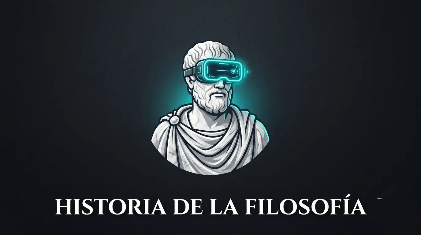 Estatua de filósofo clásico con gafas de realidad virtual de neón sobre fondo oscuro