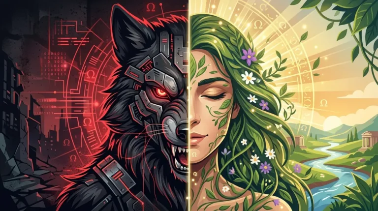 Ilustracion conceptual que enfrenta el lobo de Hobbes contra la naturaleza humana buena de Rousseau
