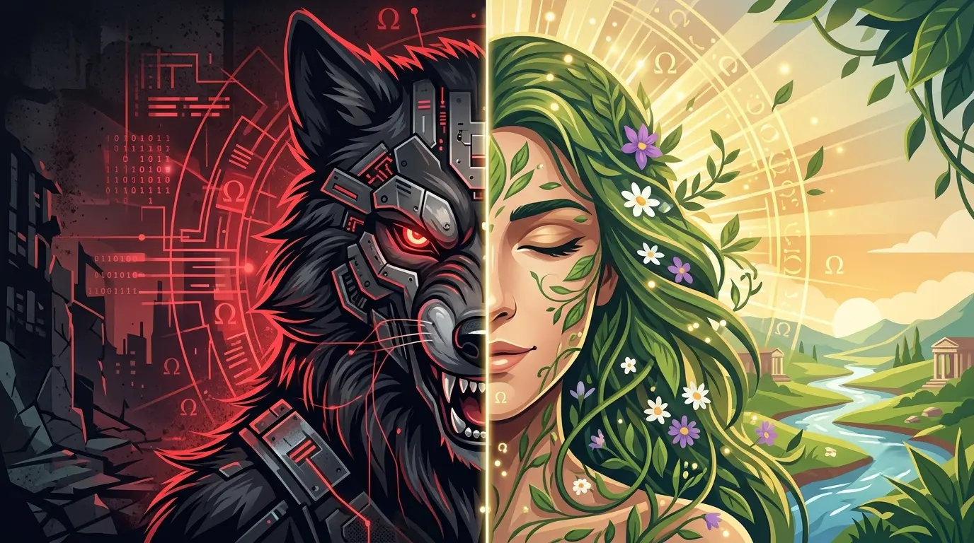 Ilustracion conceptual que enfrenta el lobo de Hobbes contra la naturaleza humana buena de Rousseau