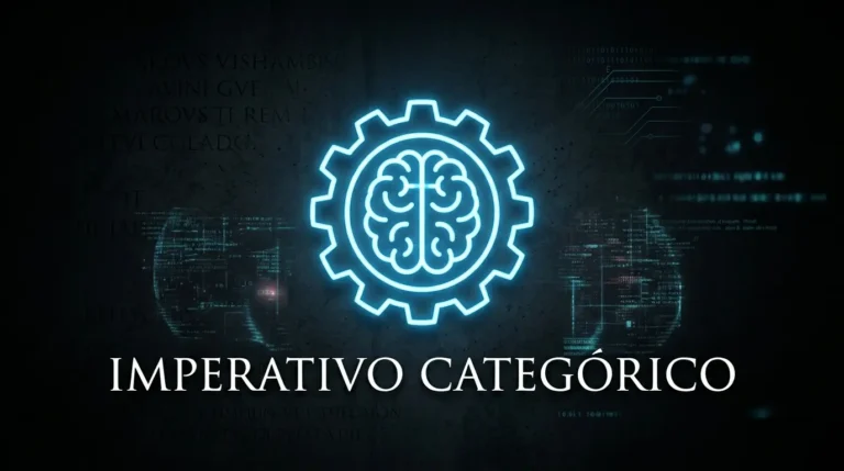 Icono de un cerebro brillante con un engranaje sobre fondo oscuro, representando el imperativo categórico de Immanuel Kant