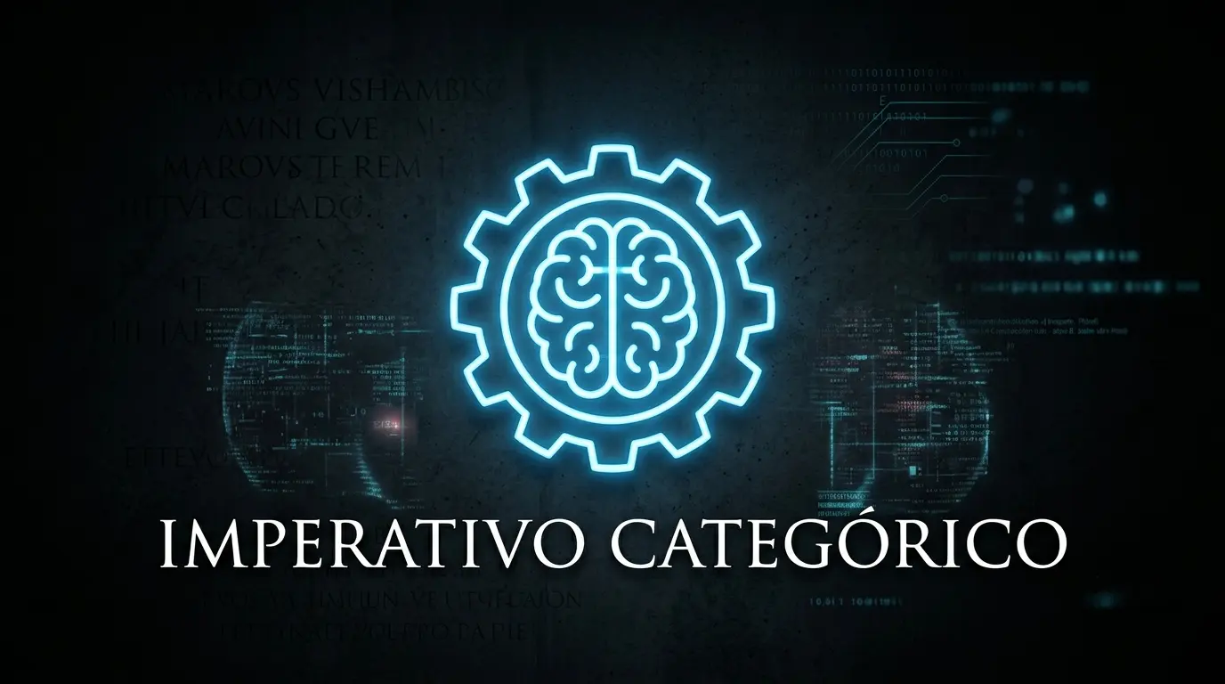 Icono de un cerebro brillante con un engranaje sobre fondo oscuro, representando el imperativo categórico de Immanuel Kant