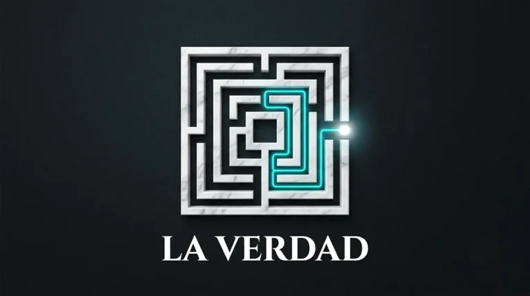 Laberinto de mármol con un camino iluminado en neón cian, representando las teorías de la verdad