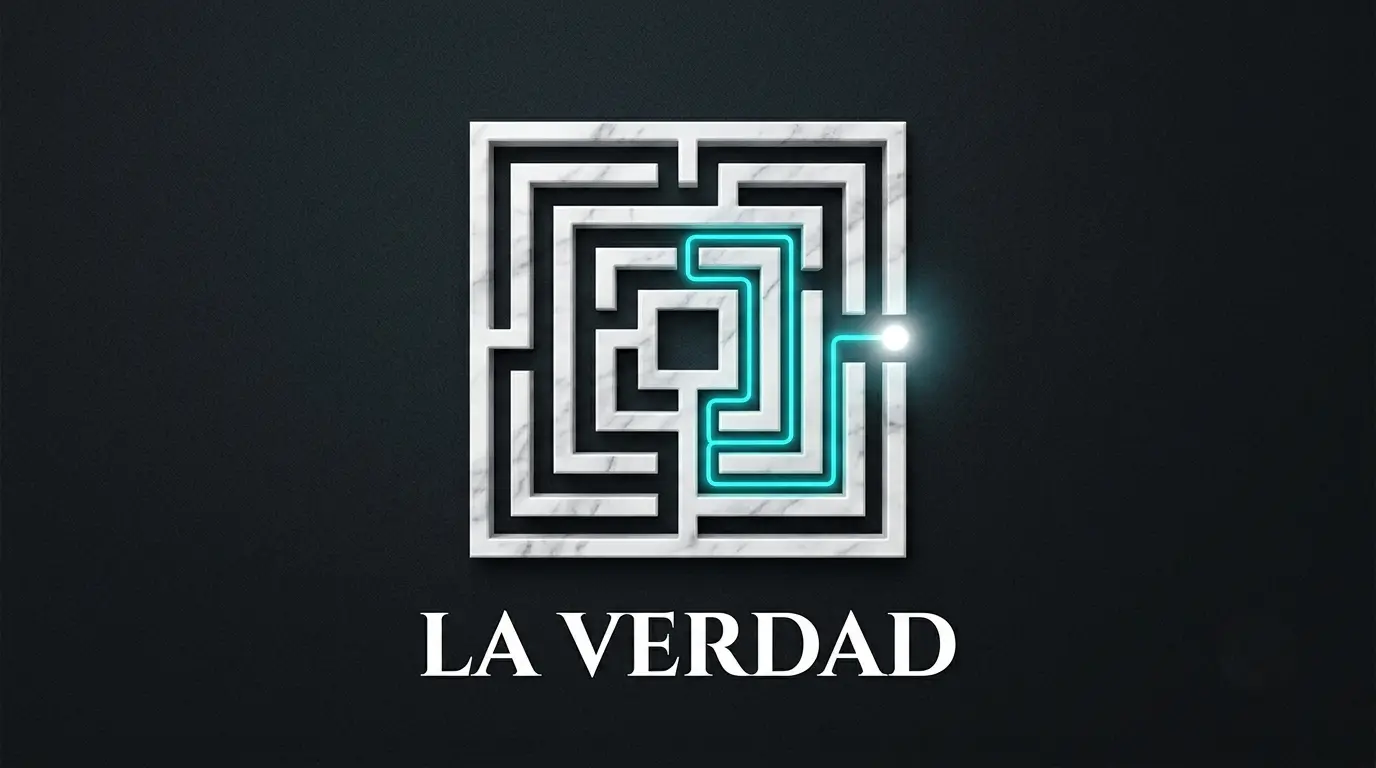 Laberinto de mármol con un camino iluminado en neón cian, representando las teorías de la verdad