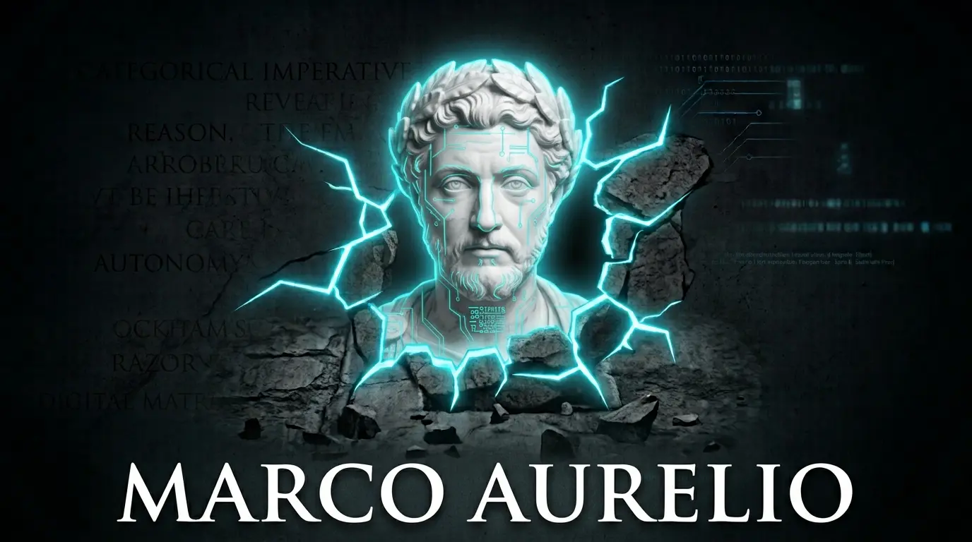 Busto de mármol del emperador romano Marco Aurelio con líneas de neón, sobre fondo oscuro con su nombre escrito abajo