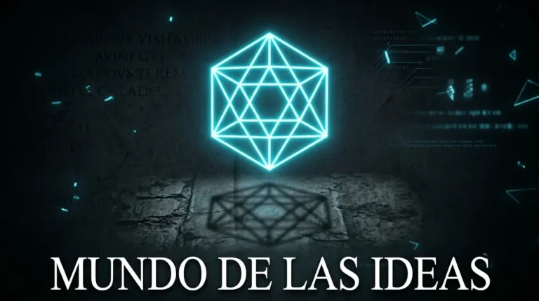 Una estructura geométrica perfecta proyectando una sombra borrosa en una pared, con el texto MUNDO DE LAS IDEAS abajo, representando el mito de la caverna de Platón