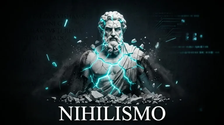 Estatua rompiéndose en pedazos sobre fondo oscuro con la palabra NIHILISMO escrita abajo, representando la filosofía de Nietzsche