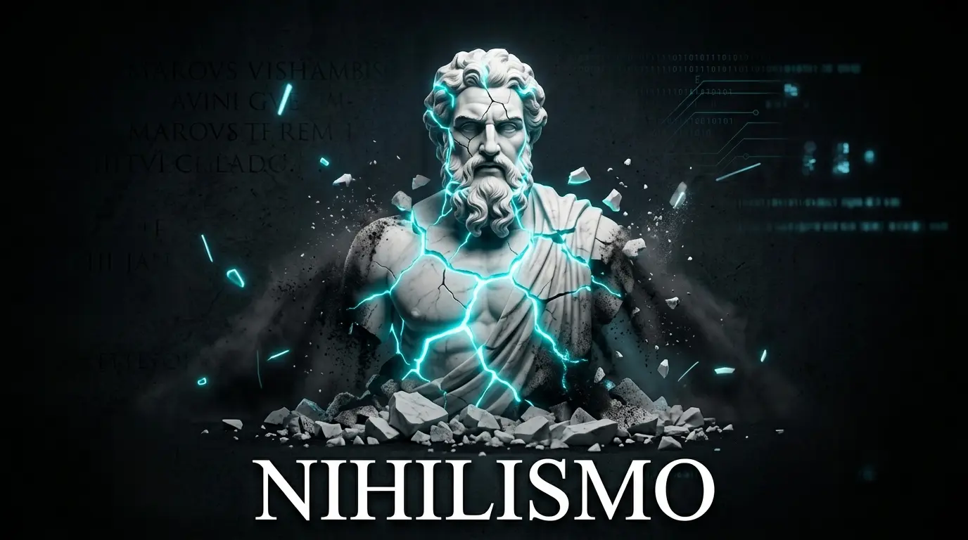 Estatua rompiéndose en pedazos sobre fondo oscuro con la palabra NIHILISMO escrita abajo, representando la filosofía de Nietzsche