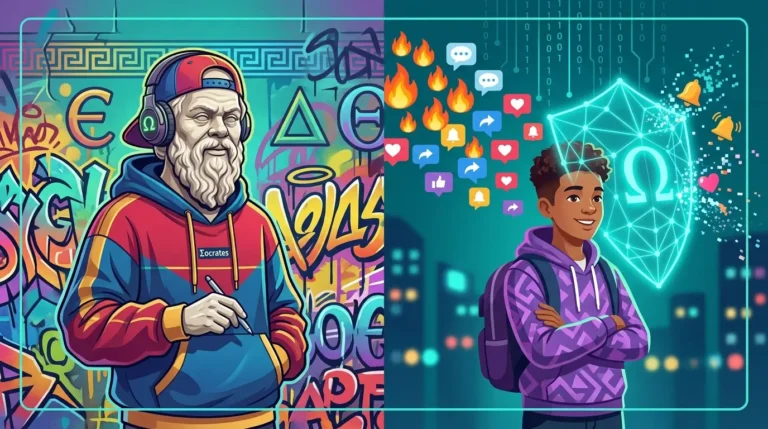 Ilustracion de Socrates moderno representando la filosofia como escudo mental contra la manipulacion digital