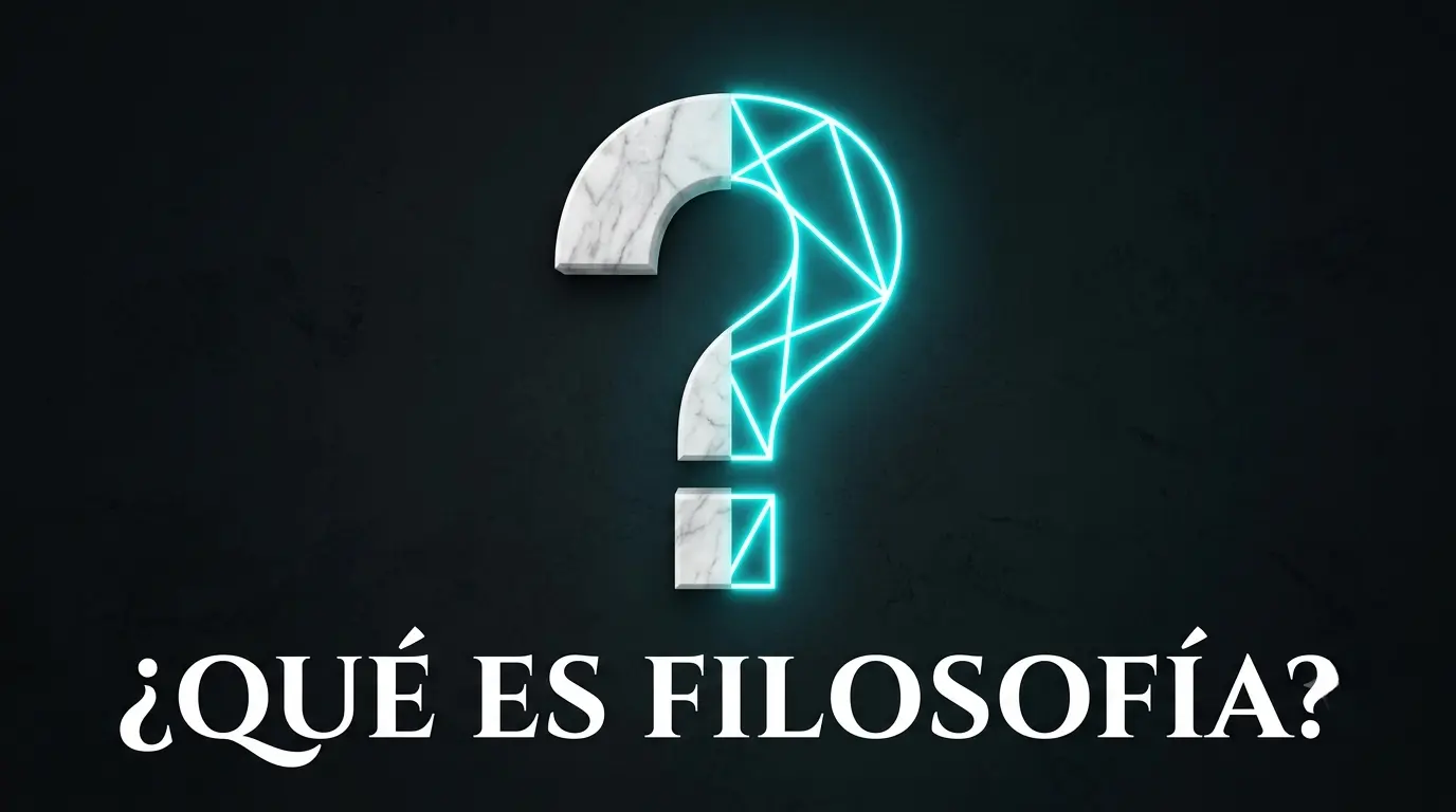 Icono de un signo de interrogacion de marmol transformandose en luz de neon, sobre fondo oscuro con el texto QUE ES FILOSOFIA