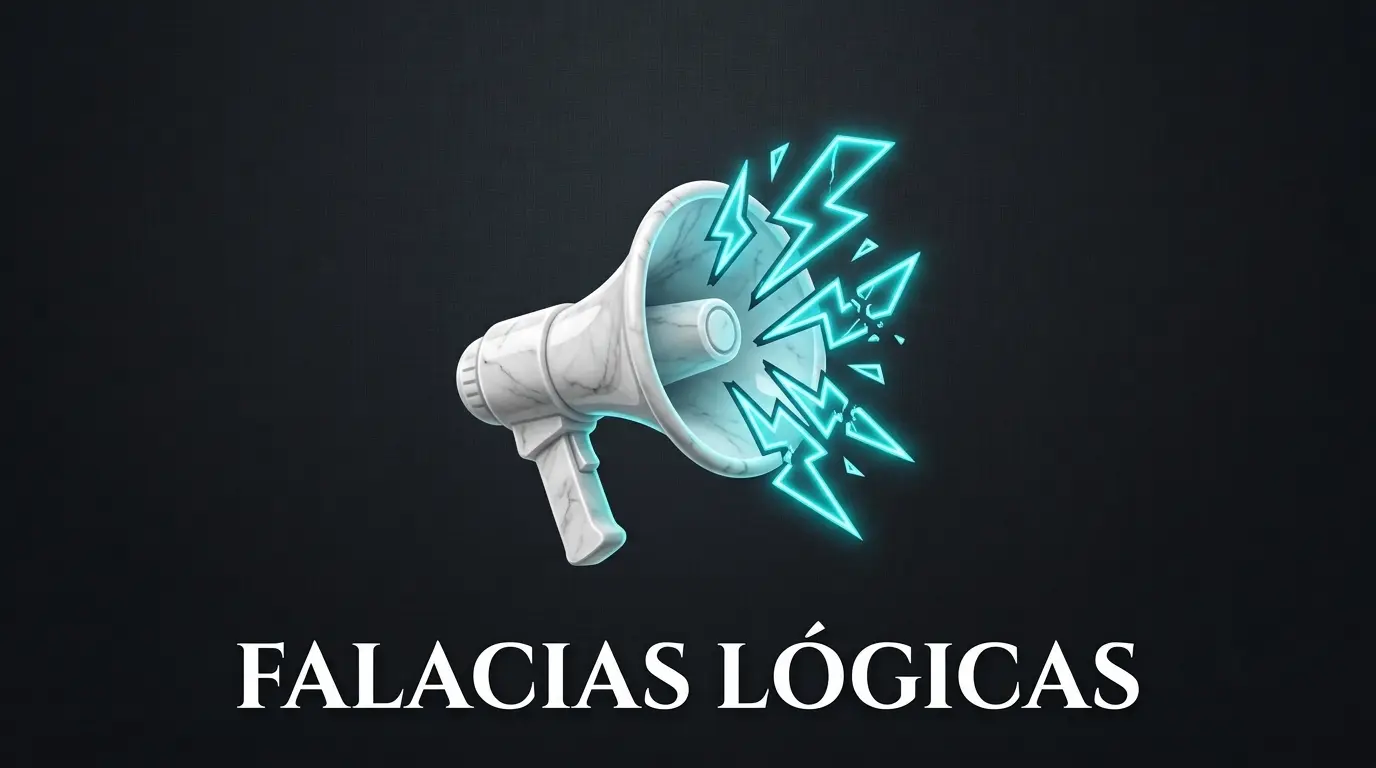 Icono de un megáfono de mármol expulsando rayos de neón rotos, representando un argumento falso o falacia