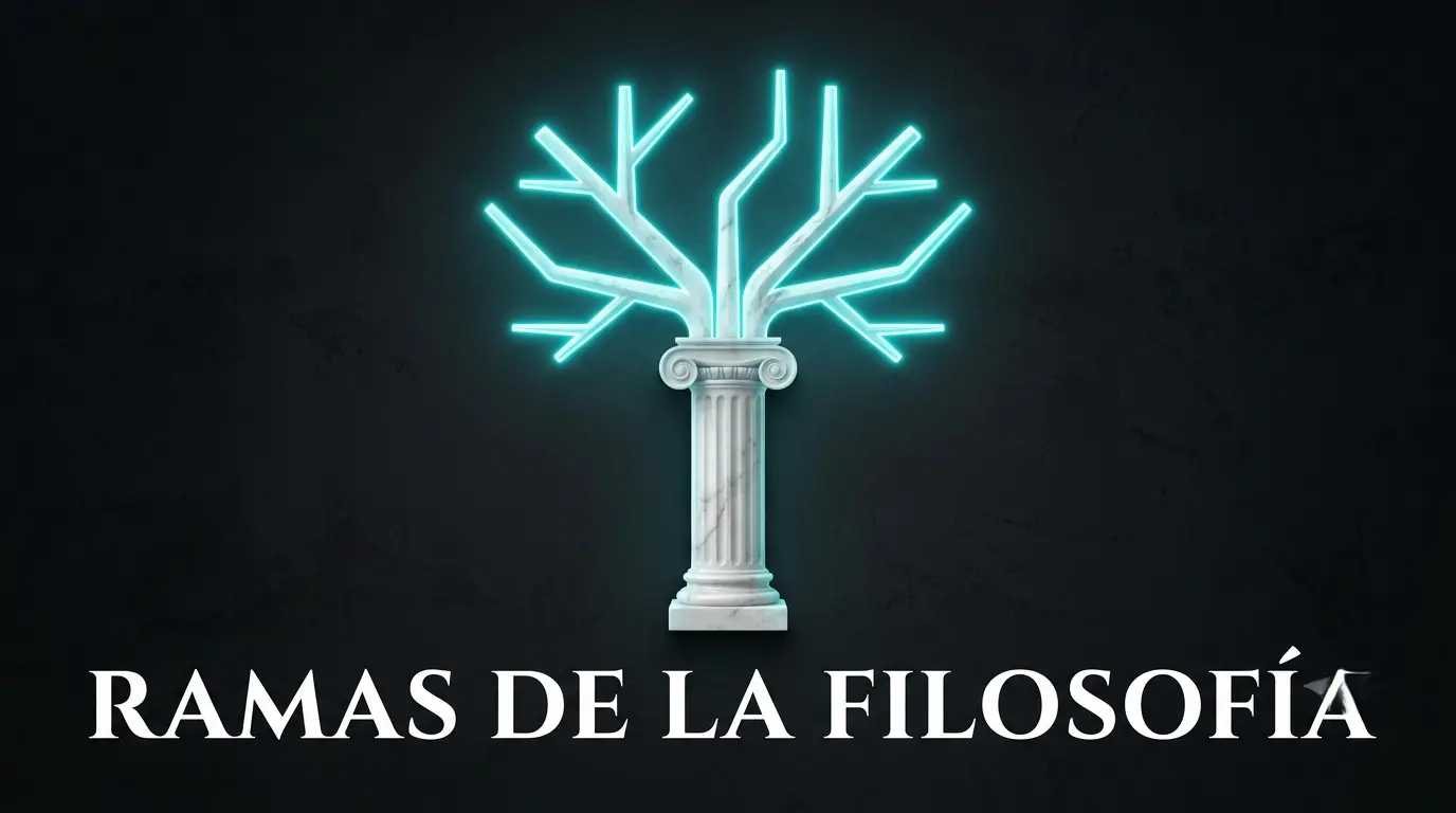 Árbol con columnas griegas y ramas de neón representando las disciplinas filosóficas sobre fondo oscuro