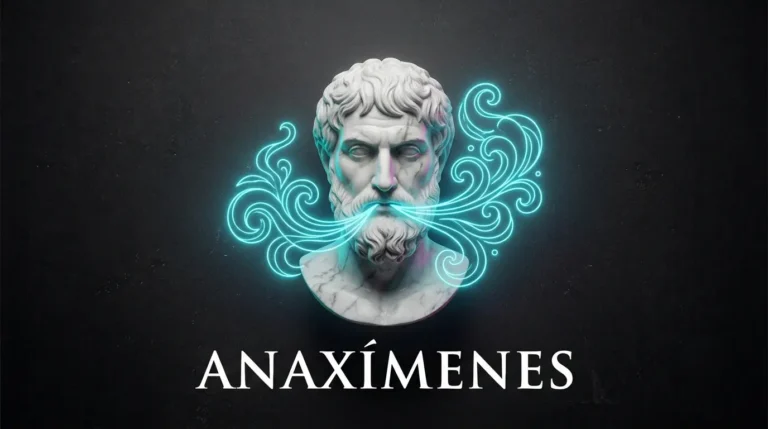 Busto de mármol de Anaxímenes rodeado de ráfagas de viento de neón cian, representando la biografía de Anaxímenes.