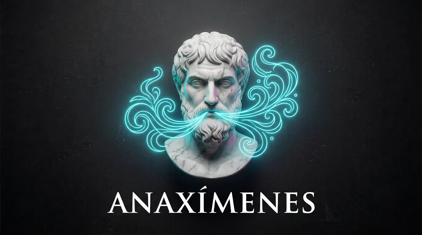 Busto de mármol de Anaxímenes rodeado de ráfagas de viento de neón cian, representando la biografía de Anaxímenes.