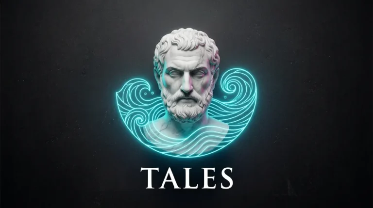 Busto de mármol de Tales de Mileto rodeado de ondas de agua de neón cian, representando la biografía de Tales de Mileto.