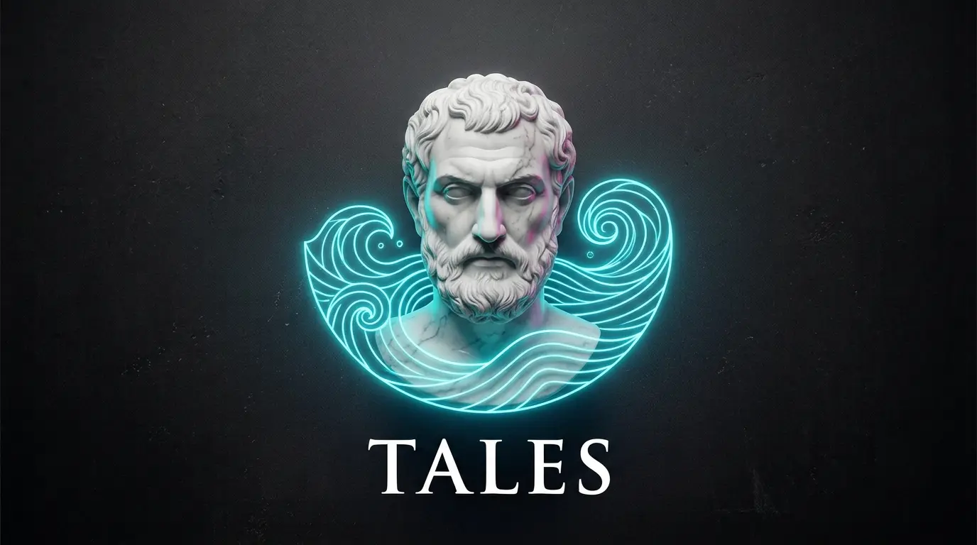 Busto de mármol de Tales de Mileto rodeado de ondas de agua de neón cian, representando la biografía de Tales de Mileto.