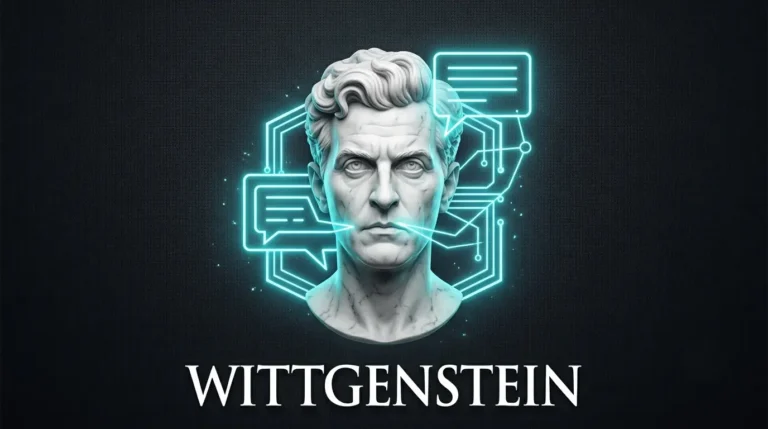 Busto de mármol de Ludwig Wittgenstein con bocadillos de diálogo en neón cian, representando la filosofía del lenguaje