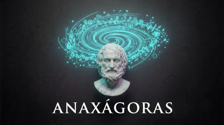 Busto de mármol de Anaxágoras con un torbellino de luces de neón cian sobre su cabeza, representando el Nous y su biografía.