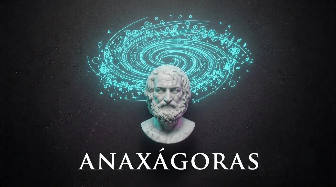 Busto de mármol de Anaxágoras con un torbellino de luces de neón cian sobre su cabeza, representando el Nous y su biografía.