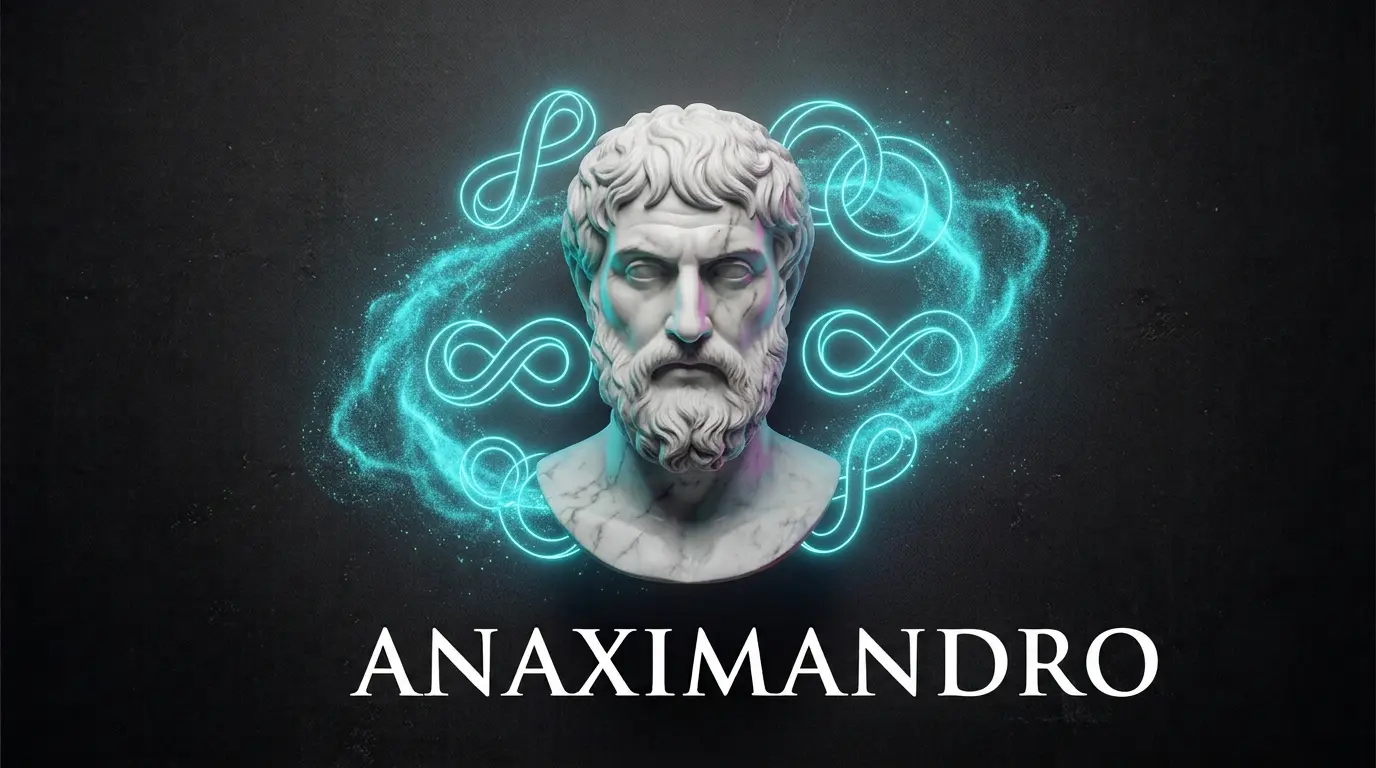 Busto de mármol de Anaximandro rodeado de polvo cósmico y lazos de infinito de neón cian, representando el ápeiron.