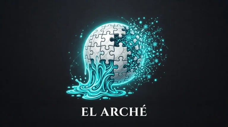 Esfera de mármol geométrico dividida en ondas líquidas y partículas de neón cian, representando el concepto de arché y los presocráticos.