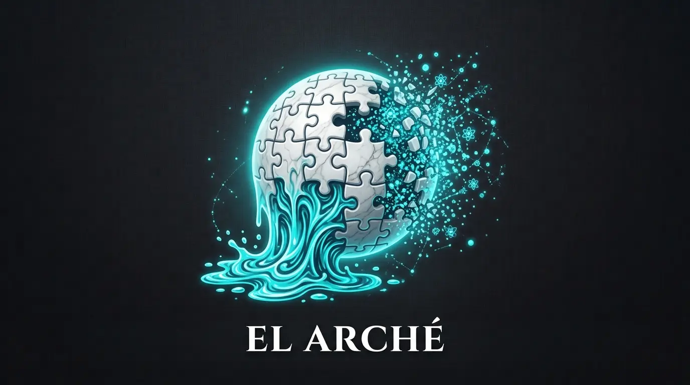 Esfera de mármol geométrico dividida en ondas líquidas y partículas de neón cian, representando el concepto de arché y los presocráticos.
