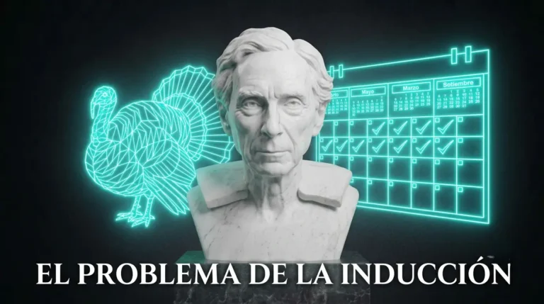 Busto de mármol con el rostro de Bertrand Russell rodeado por la silueta de un pavo en neón cian, representando el problema de la inducción.