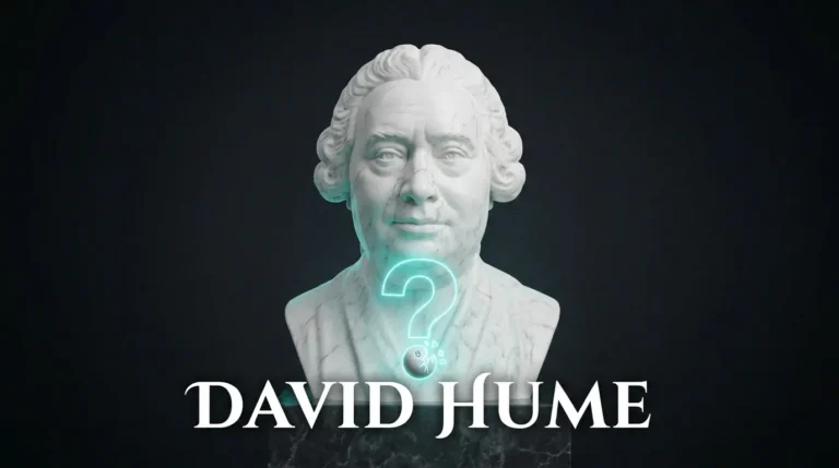 Busto de mármol con el rostro reconocible de David Hume junto a una bola de billar agrietada en neón cian, representando su escepticismo y su teoría del conocimiento.