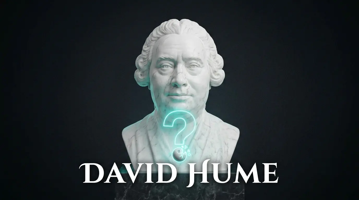 Busto de mármol con el rostro reconocible de David Hume junto a una bola de billar agrietada en neón cian, representando su escepticismo y su teoría del conocimiento.
