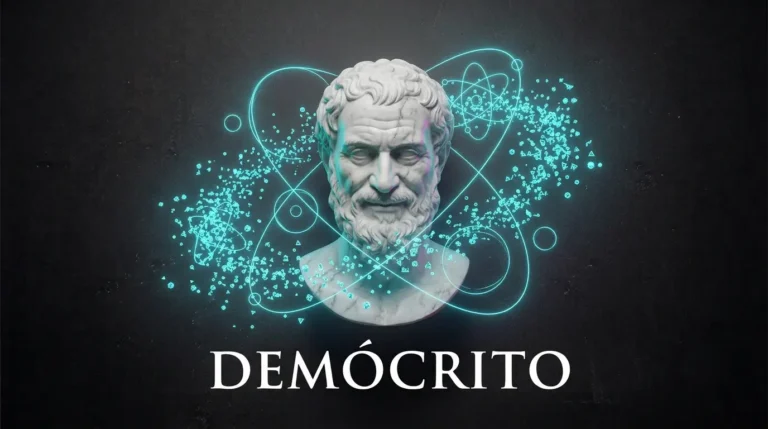 Busto de mármol sonriente de Demócrito rodeado de partículas atómicas de neón cian, representando la teoría de los átomos.