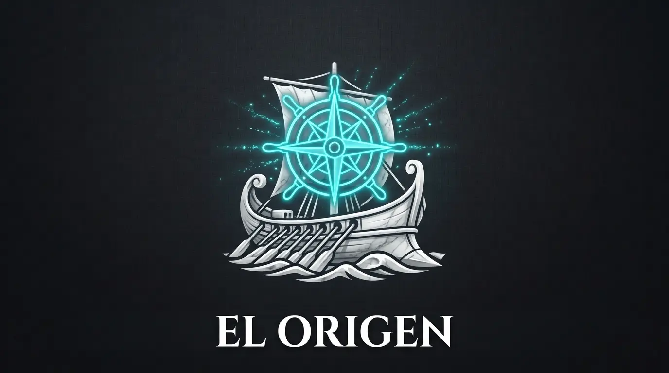 Barco griego de mármol con brújula de neón cian, representando los intercambios culturales en el origen de la filosofía