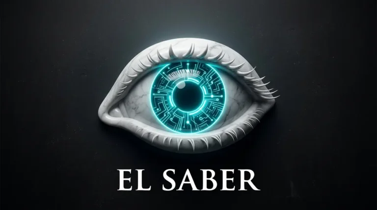 Ojo de mármol con iris de circuitos de neón cian, representando la mirada crítica y radical de la filosofía.