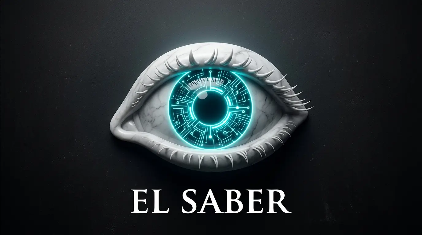 Ojo de mármol con iris de circuitos de neón cian, representando la mirada crítica y radical de la filosofía.