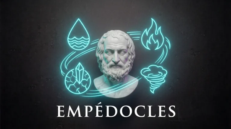 Busto de mármol de Empédocles rodeado por los símbolos de los cuatro elementos en neón cian, representando su biografía.